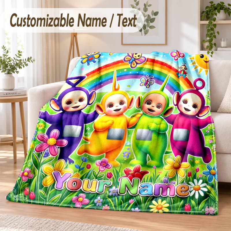 Teletubbies Custom Name Flannel Throw Blanket Soft Warm for Sofa Bed Indoor Home Use