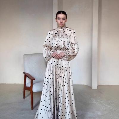 European and American Women's Clothing Spring New Fashion Temperament Retro Polka Dot Bubble Sleeve Big Swing Dress