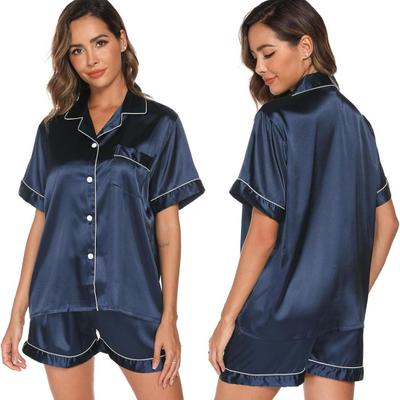 2 Adet/Takım Pijama Takımı Saten Tek Sıra Düğmeli Hırka Gömlek V Yaka Çentik Yaka Düz Renk Gömlek Göğüs Cepli Bol Şort Gecelik Takım Gecelik