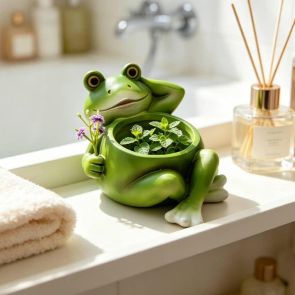Pot de fleurs Grenouille Fantaisiste Pot de fleurs Mignon avec Ornement de Fleur pour Amateurs de Plantes, Bureau,