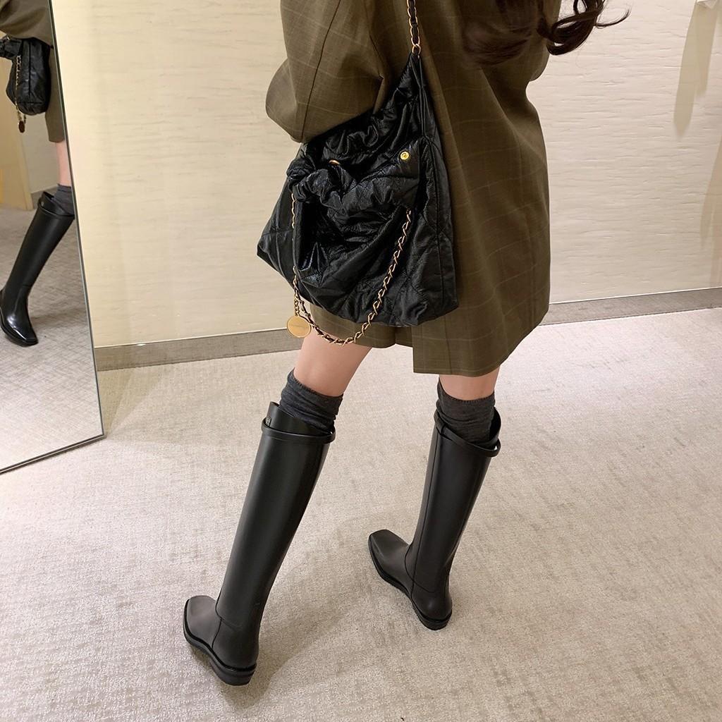 Spot Second Hair! Su Yinyin Has the Same Square Head Leather Oblique Mouth Ring Belt Thick Heel High Boots Knight Boots Women's Autumn and Winter