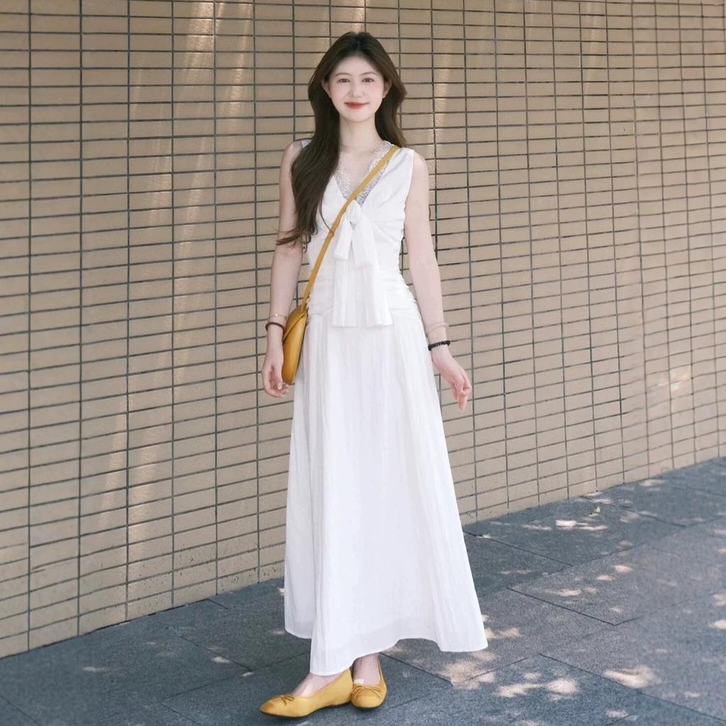 Sleeveless White Bow Long Dress Dress Women's 2026 New Model Is Huge, Beautiful In Early Spring, Beautiful French Waist