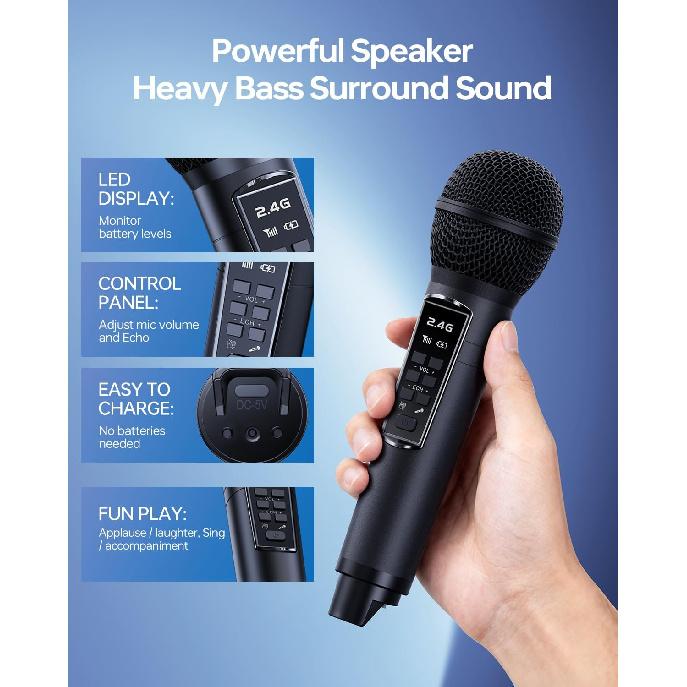 Bluetooth Karaoke Machine for Adults & Kids, 80W Portable Speaker with 2 Wireless Microphones, Echo Adjustment, Support USB/AUX/TF Card