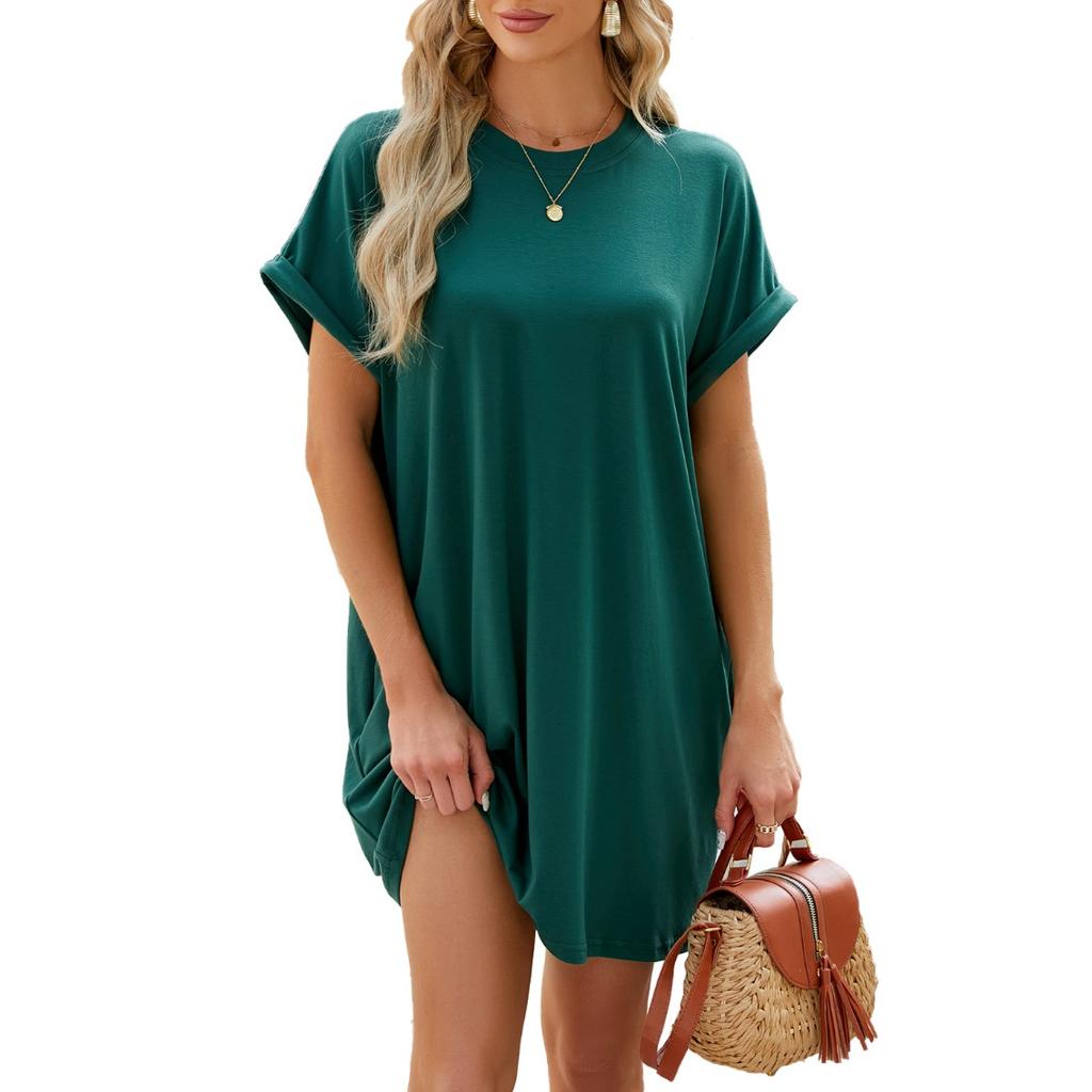 IHUASU Spring/Summer Solid Color Round Neck Loose Pocket Short Sleeve Women's Dress