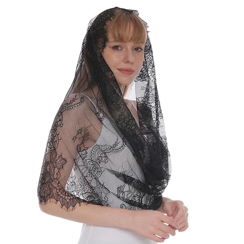 

Lace Latin Scarf Seethrough Everyday Wear Head Covering Mantilla Head Veil for Wedding Church Prayer Women Headpiece чорний