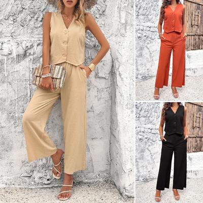 Women'S Spring And Summer Temperament Vacation Comfortable Versatile Commuting Casual Solid Color Slim Fit Short Sleeved Long Pants Set