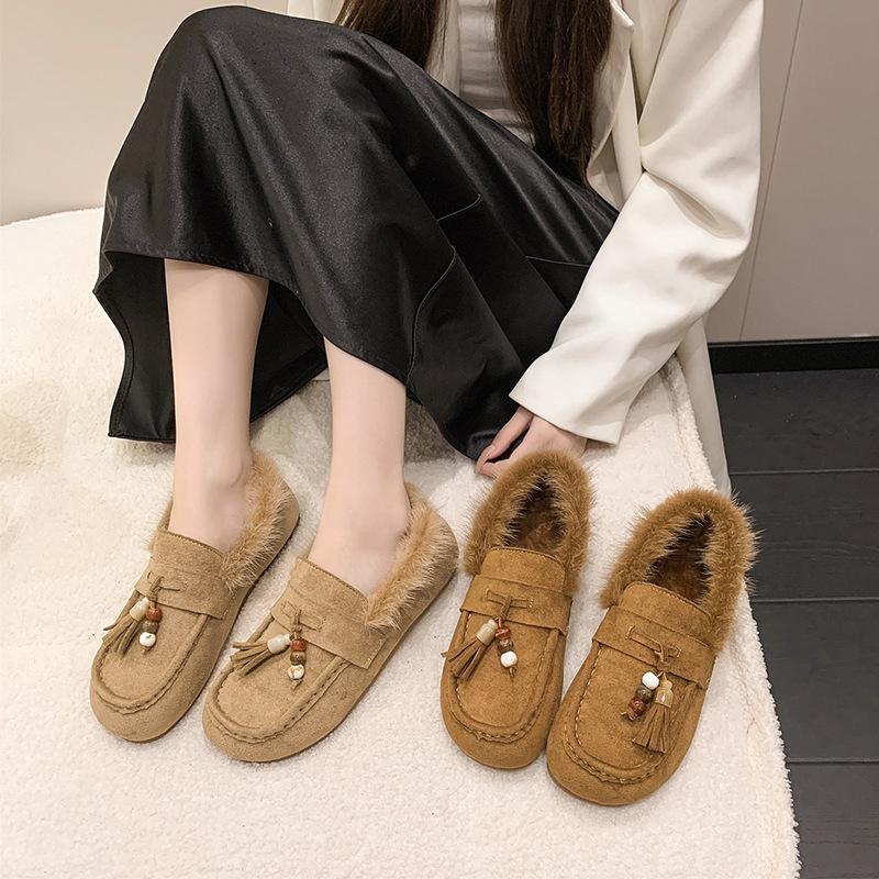 Boken shoes women's 2025 autumn new soft-soled suede one-pedal loafers beaded tassel fashion versatile cotton shoes
