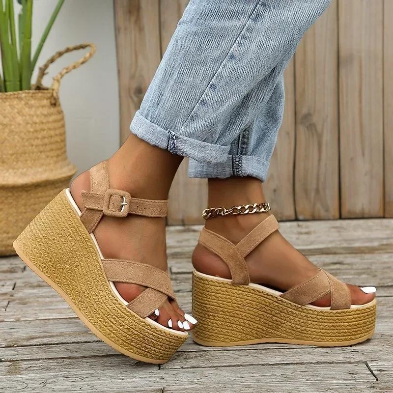 Dolgu Topuk Sandaletler 2024 Moda Örgü Platform Büyük Beden Yüksek Topuk Sandaletler Kalın Taban Retro Açık Burun Kadın Ayakkabıları