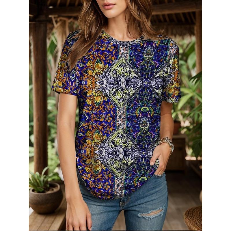 Retro Floral Print Damen T-Shirt Sommer Locker Lässig Kurzarm Tees Oberteile Kleidung Mehrere Stile und Größen zur Auswahl