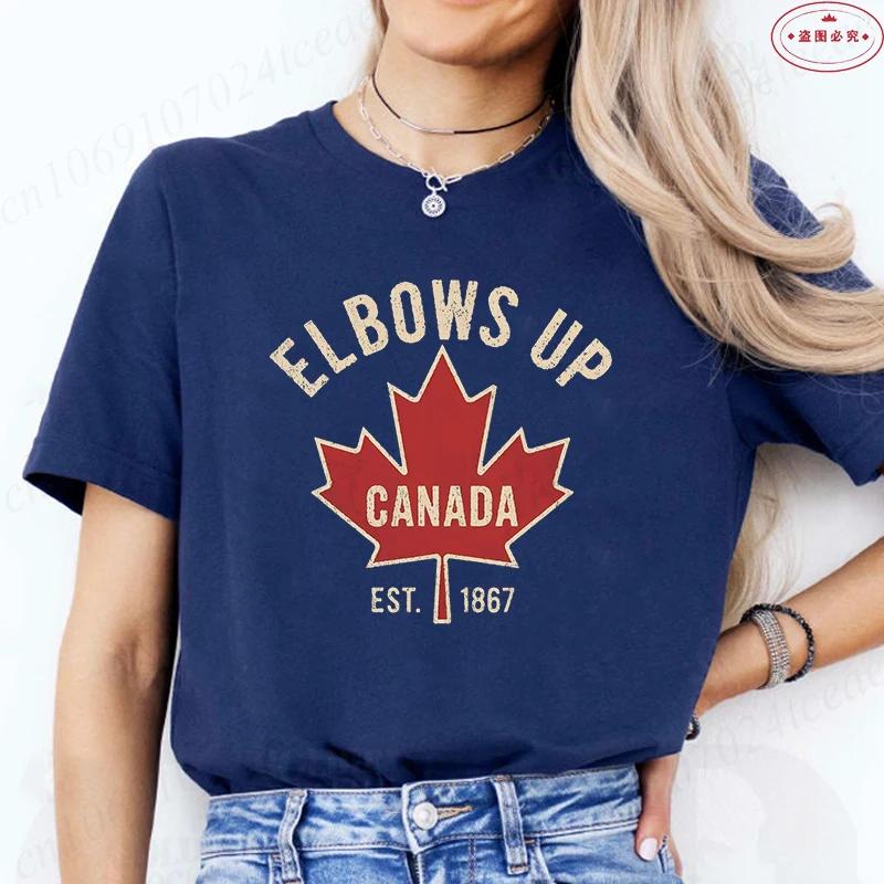 Elbows Up Canada Women T-shirt Summer Casual Funny Retro Maple Leaf Graphic Y2k Tops O Neck Short Sleeve Tees Female Clothing