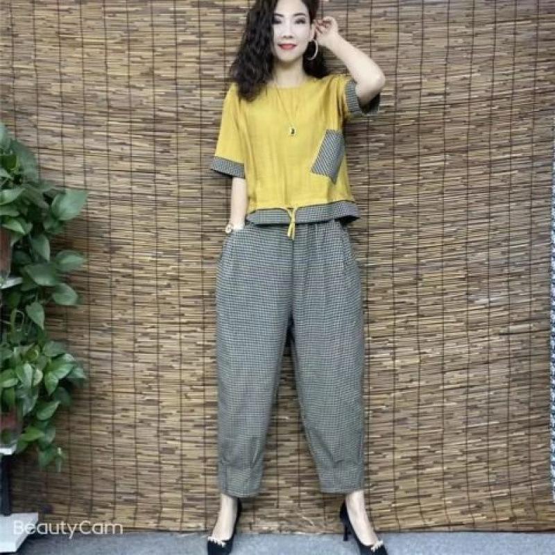 Sommer Trend T-Shirts Sets Damen Koreanischer Stil Persönlichkeit Tasche Kariert Kurzarm T-Shirt Lässige Hose Baggy Hose 2-teiliges Set