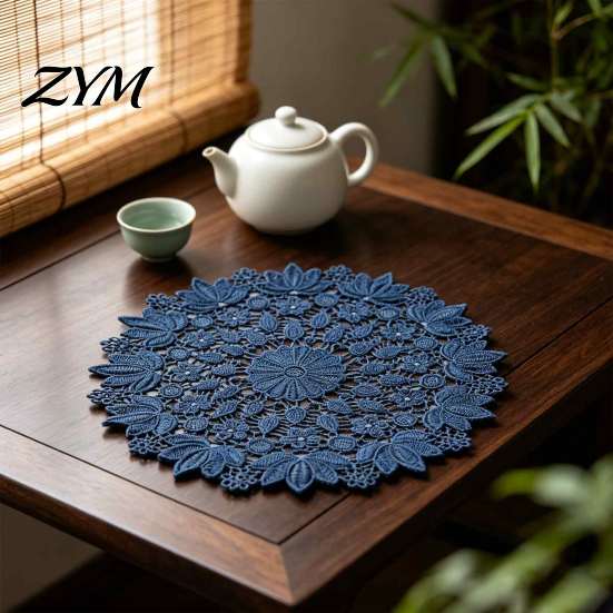 Heat Insulating Coasters Round Lace Doily, Dark Blue Floral Placemat, Embroidered Table Decorative Centerpieces Mat, Heat-resistant Doilies