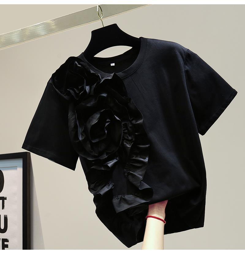 2023 Summer Women's Loose Slimming 3D Floral Patchwork Frilly Top