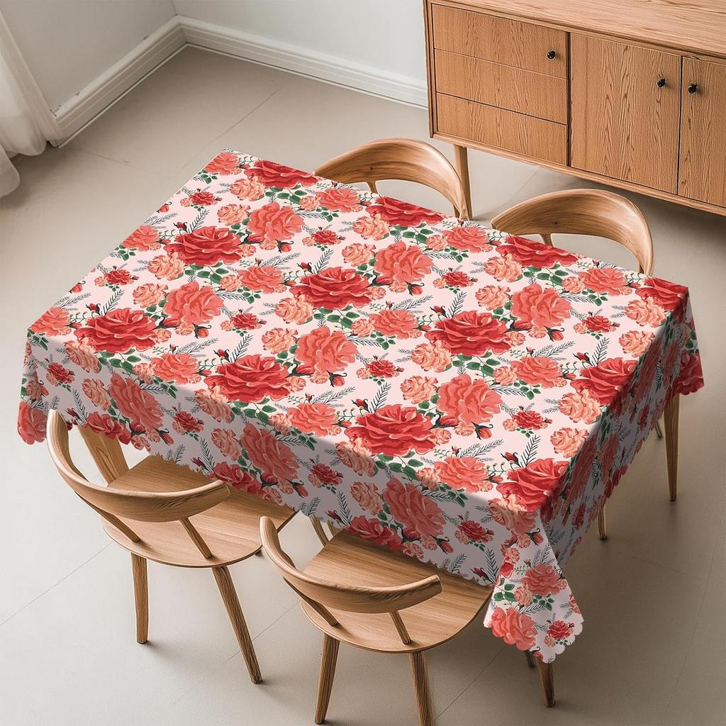 Rose Flower Tablecloth Romantic Abstract Rectangle Red Vintage Shabby Chic Peach Floral Wavy Edging Washable Cover for Party