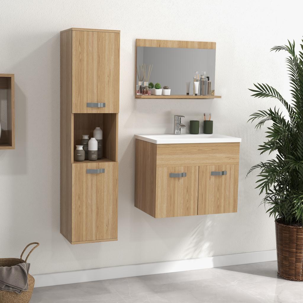 4-Piece Bathroom Furniture Set, Wall-Mounted, with Mirror, Under-Basin Unit, Basin and Tall Cabinet, Natural