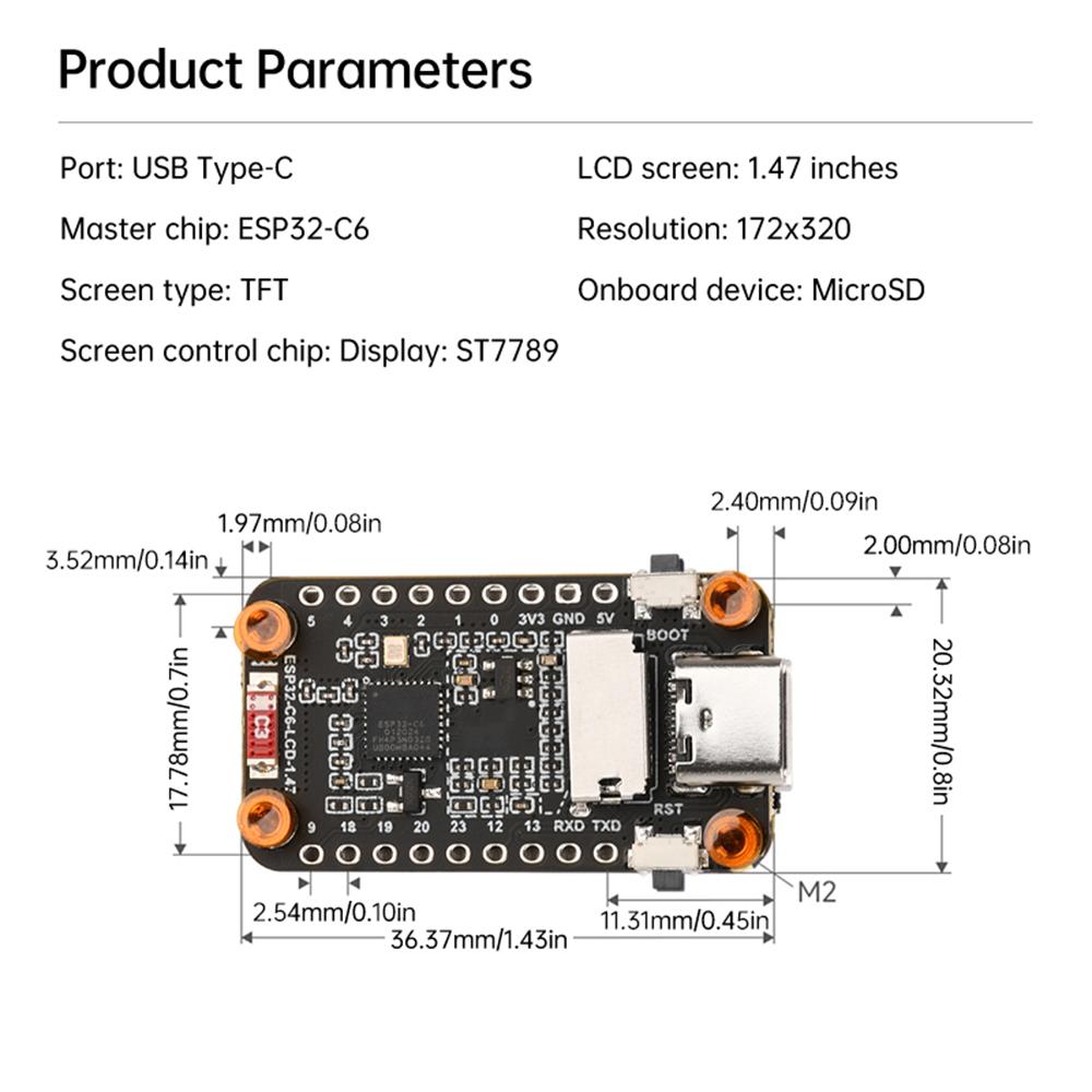 Vývojová deska LCD obrazovky Wifi 6 Bluetooth 5 Palubní RGB barva 1,47palcová TFT LED obrazovka USB Type-C rozhraní