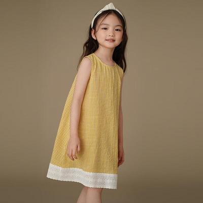 Hacikis Girls' Yellow Plaid Patchwork Vest Dress
