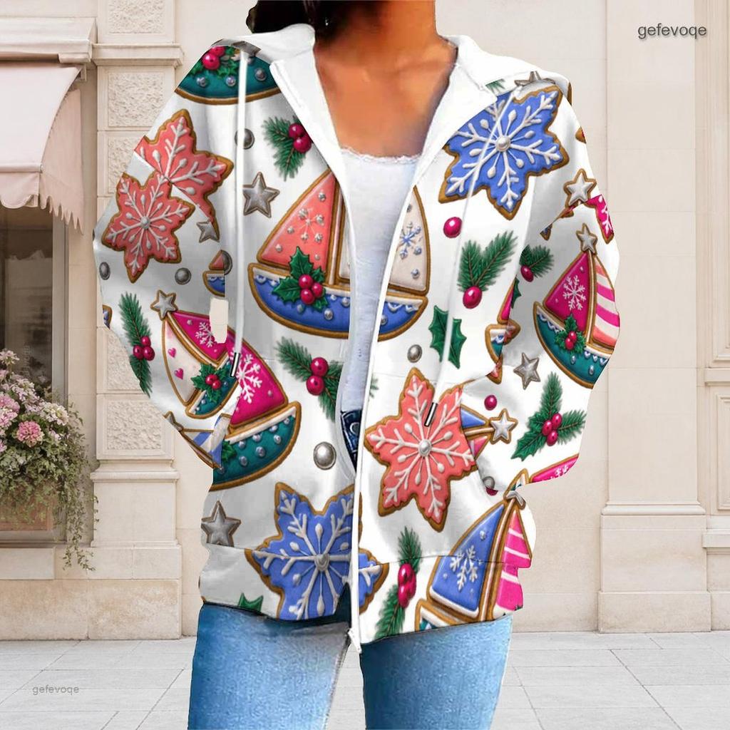 Women Plus Size White Zip Up Long Sleeve Christmas Dachshund Printed Hoodie With Pockets