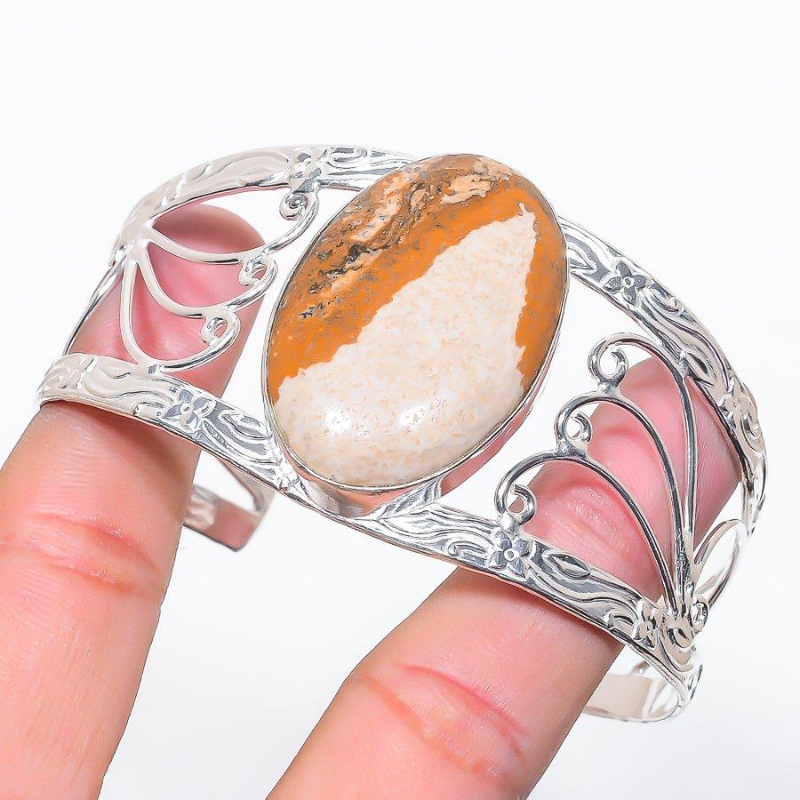 Natural Picture Jasper Gemstone 925 Sterling Silver Cuff Bangle Adjustable z5e30