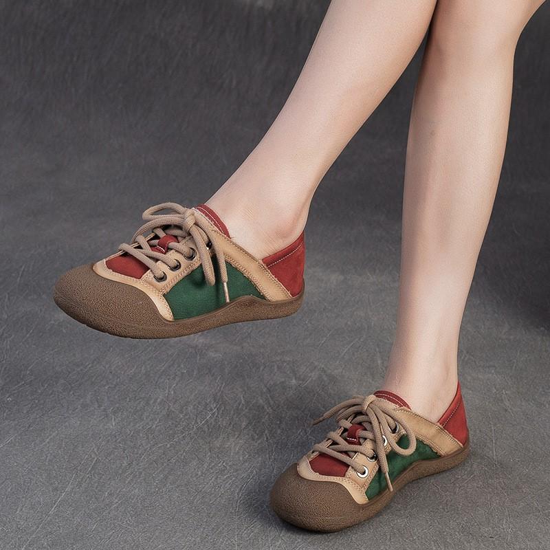 Johnature Retro Lightweight Commuting Women's Shoes Genuine Leather Mixed Colors Soft Soled Lace Up Flats