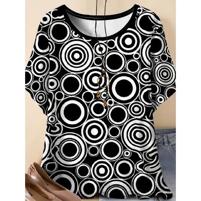 Comfortable, Casual, Elegant Style, Drawing Circle Elements, Printed Patterns, Plus Size Women's Round Neck Short Sleeved T-shirt