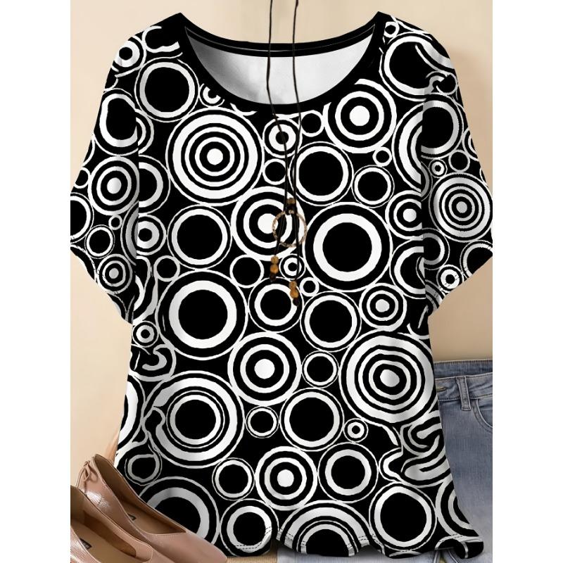 

Comfortable, casual, elegant style, drawing circle elements, printed patterns, plus size women s round neck short sleeved T-shirt S
