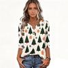 Women's Casual Christmas Print V-Neck Button-Front Three-Quarter Sleeve T-Shirt Top