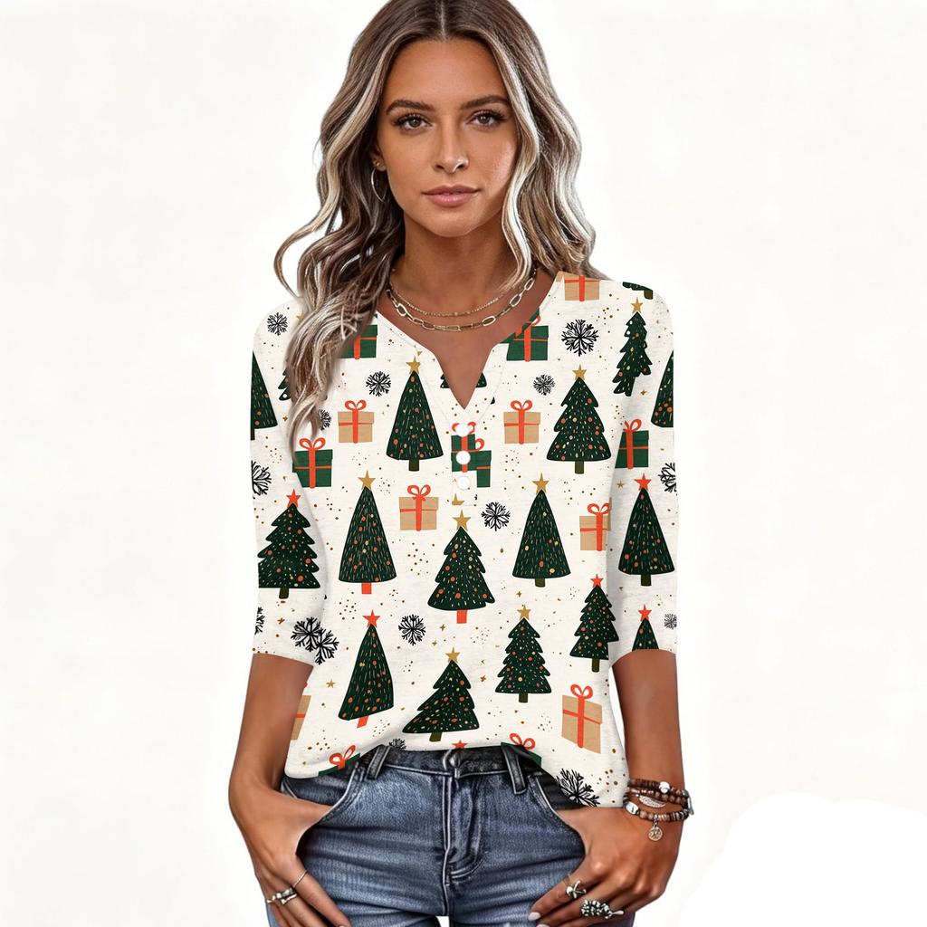 Women's Casual Christmas Print V-Neck Button-Front Three-Quarter Sleeve T-Shirt Top