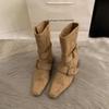 2025 Korean version of the new niche design retro French short boots small square head western boots suede medium boots women's boots