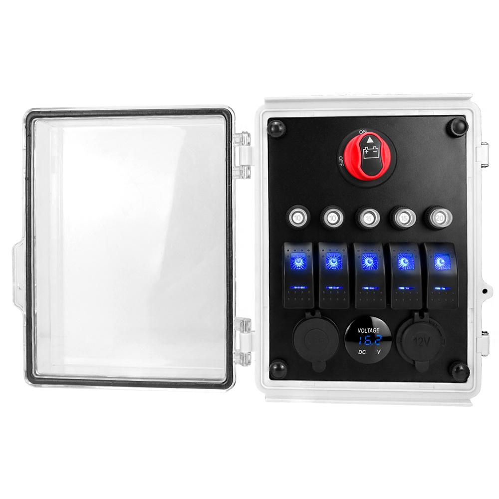 12V 20A 5 Gang Marine Rocker Switch Panel Waterproof Circuit Box LED Voltmeter