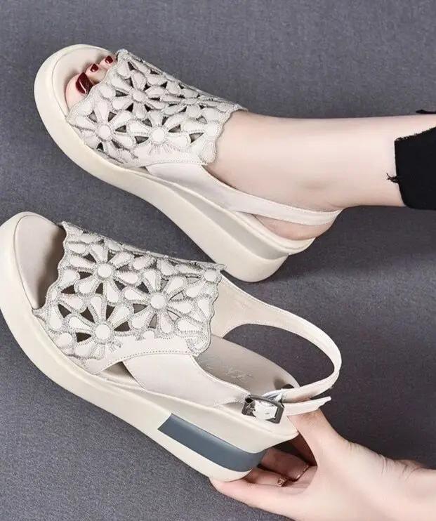 Women’s Sandals Platform Wedge Heel Sandals Leather Sandals Peep Toe Wedges Summer Slippers  Elegant Summer Shoes