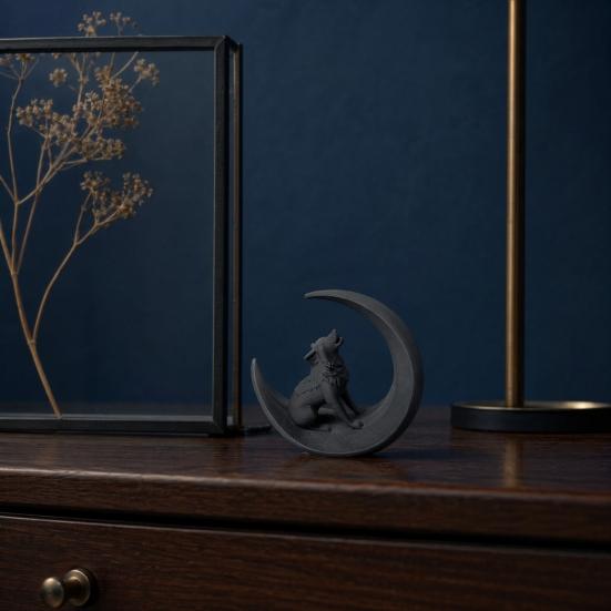 3D Printed Howling Wolf Statue, Wolf On Moon Figurine, Black Wolf Sculpture for Home Office Study Room Desktop Decor