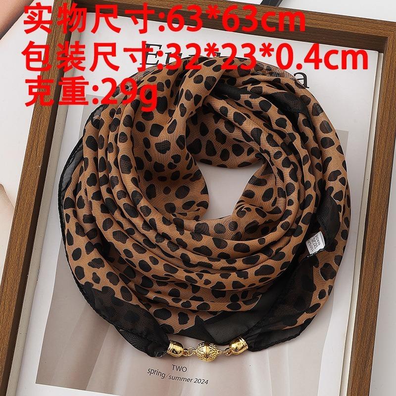 Women Korean Style Leopard Print Magnetic Buckle Scarf Thin Triangle Neck Kerchief Versatile Decorative Neck Scarf for Spring Autumn