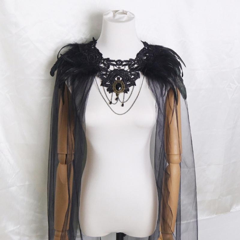 Gothic Feather Shrug Cape Shawl Shoulder Wrap Lace Collar Halloween Cosplay Costumes for Adults Women Scarf Top Gifts