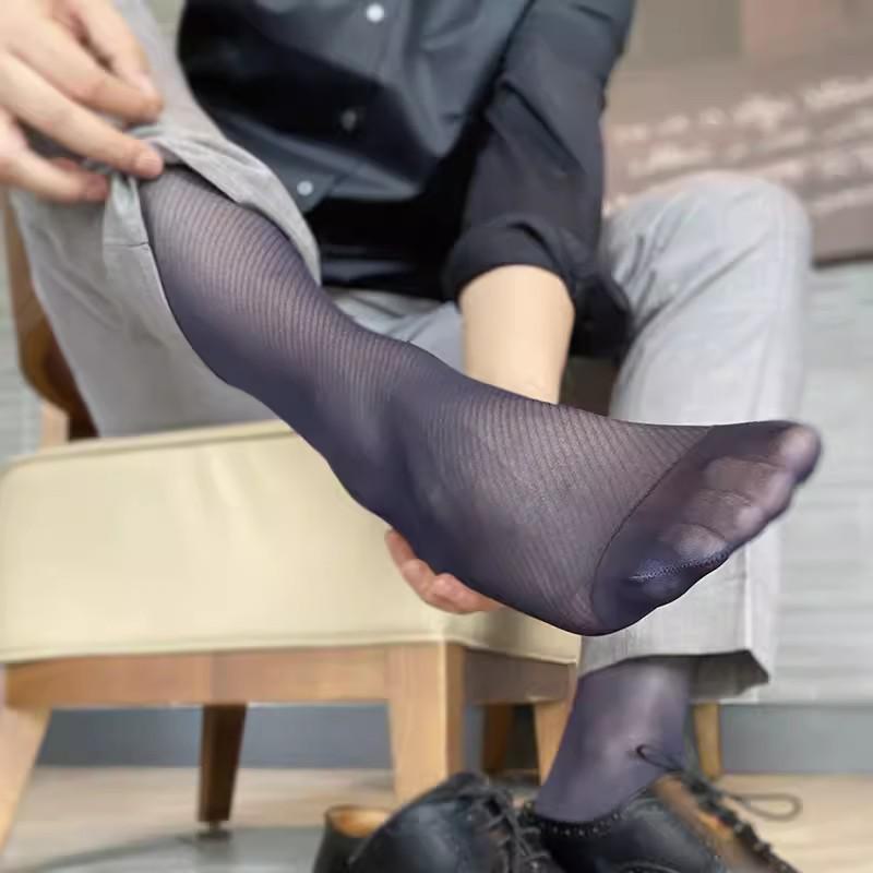 Men's Formal Ultra-Thin Ice Silk Stockings with Oblique Stripes, One Size