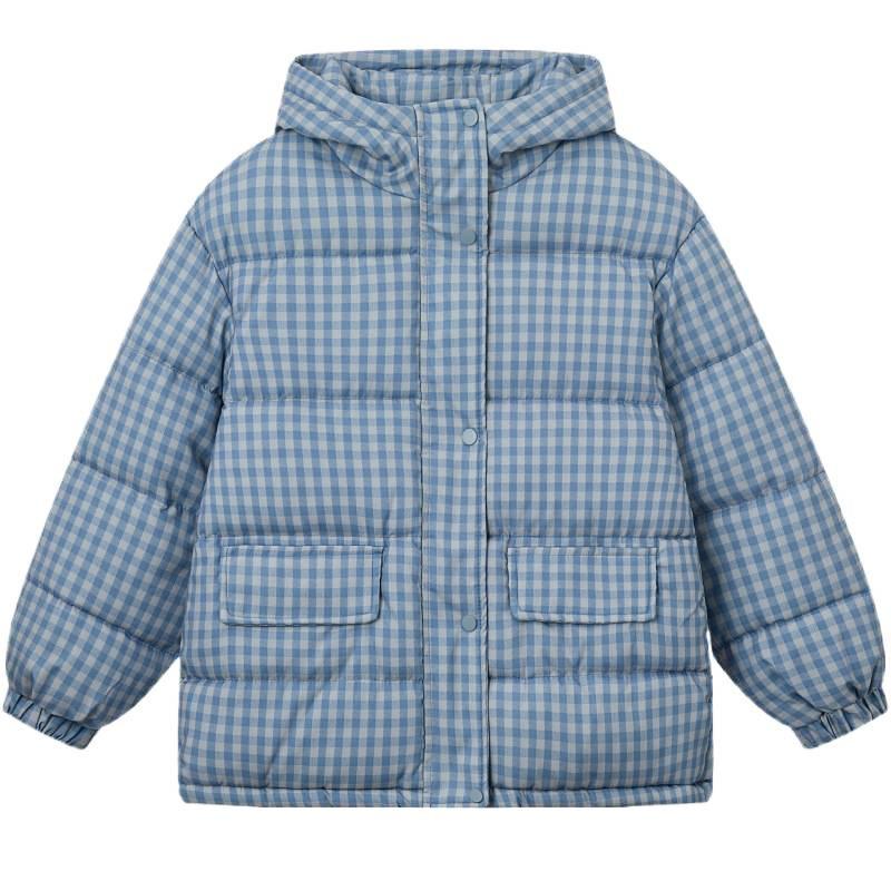 Kurze Kapuzen-Studenten-Baumwoll-gepolsterte Herbst- und Winter-Verdickte Blau-karierte Koreanische Version Lockere Brotjacke