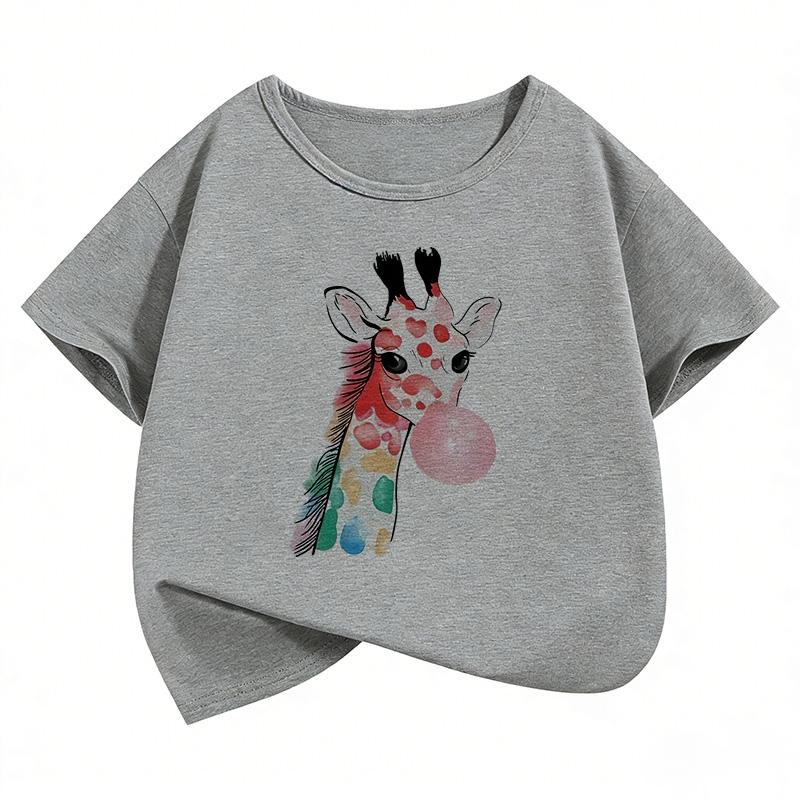 Y2k Giraffe with Gum Printed Short Sleeve T Shirts Animal Kids Children's T-shirt Boys Girls Summer Spring Casual Top Tee Shirt