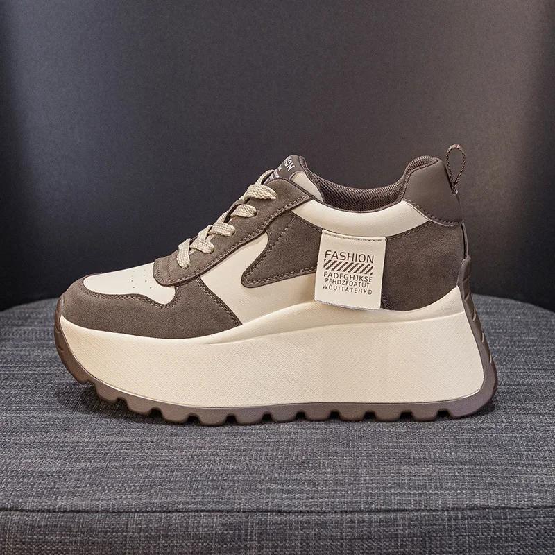 Fashion Top quality 8cm Genuine Leather Platform Wedge Women Spring Autumn Chunky Sneakers Shoes Breathable Comfortable Vulcanize boots