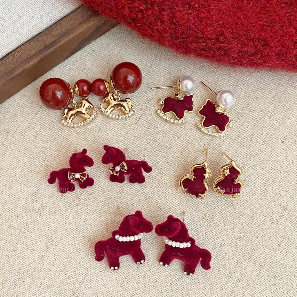 Red Velvet Horse Stud Earrings for Women - New Autumn/Winter 2025 Niche Design
