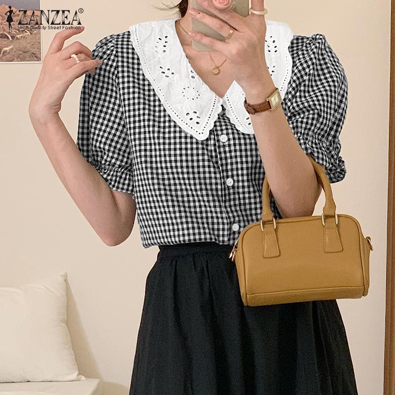 

ZANZEA Кружевное сращивание Отверните воротник с коротким рукавом Клетчатый принт Блузка