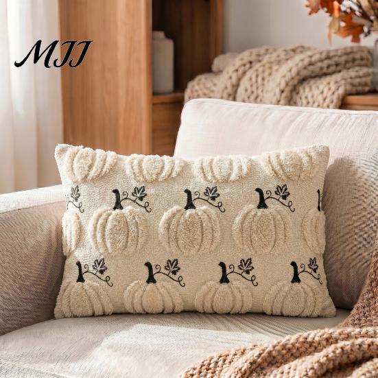 Hidden Zipper Pillow Shell Thanksgiving Pumpkin Cushion Cover, Plush Embroidered Throw Farmhouse Style Case Soft Cozy for Home Autumn Decor Embroidery