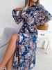 Women Retro European Style Floral Lapel Tie Waist Long Shirt Dress