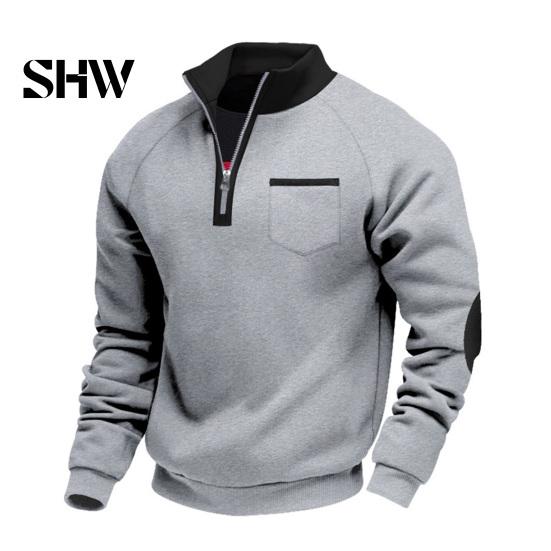 Solid Color Zip Up Tops Men Quarter Zipper Pullover Tops, Mock Neck Long Sleeve Sweatshirt, Contrast Winter Warm Casual Sport with Chest Pocket, Fall