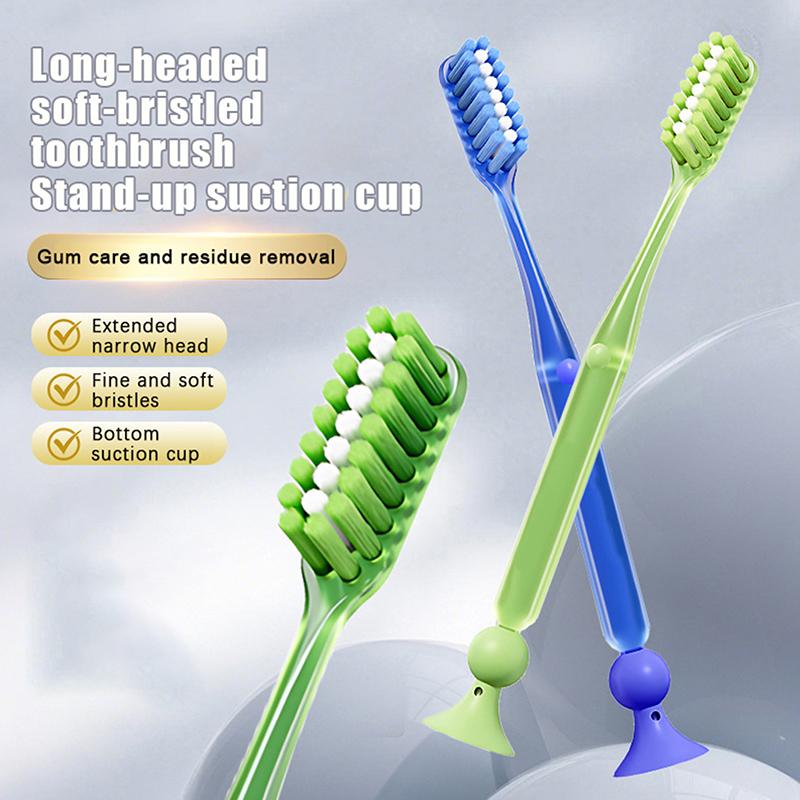 Extra-Long Brush Head Antibacterial Soft Bristle Toothbrush With Non-Slip Handle And Suction Cup Base Upright Design