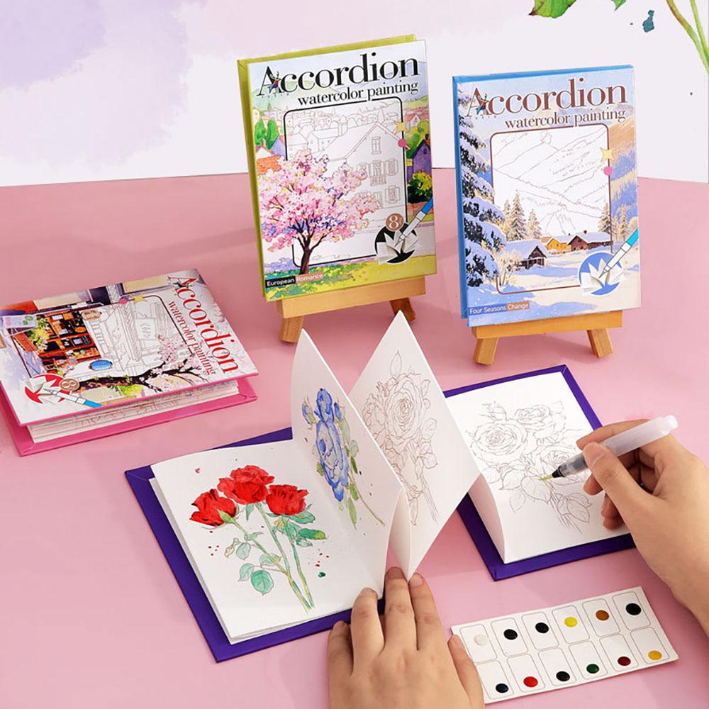 Exquisite folding watercolor painting, adult watercolor coloring book and coloring book set