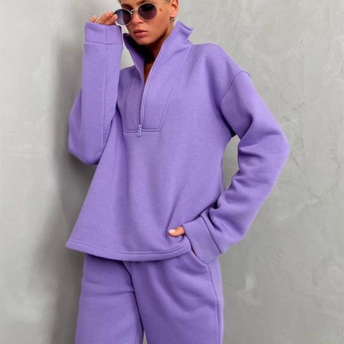 

Женский однотонный длинный рукав воротник-стойка толстовка костюм осень зима свободный топ широкие брюки XL фиолетовый