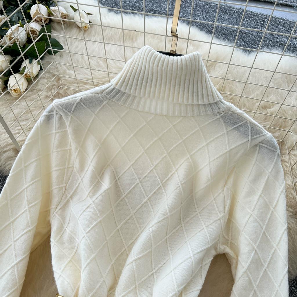 Spring Autumn Women Full Sleeve Turtleneck Plaid Knitted Sweater Mini Short Sheath Dresses with Belt