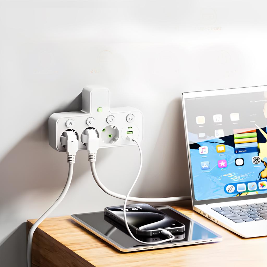 European Standard European Power Socket USB Type-c with Switch Socket, 1-to-3 Converter