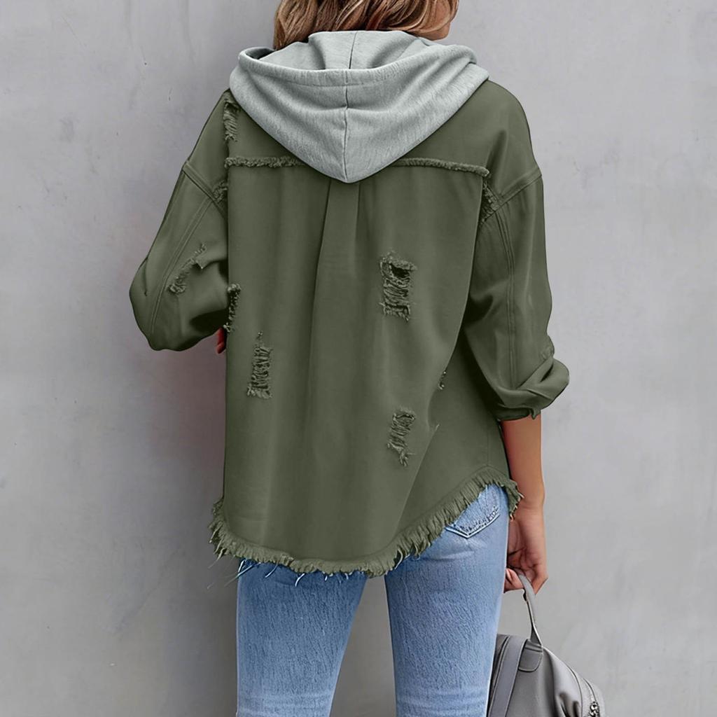 Damska codzienna luźna patchworkowa katana dżinsowa z przetarciami, płaszcz średniej długości