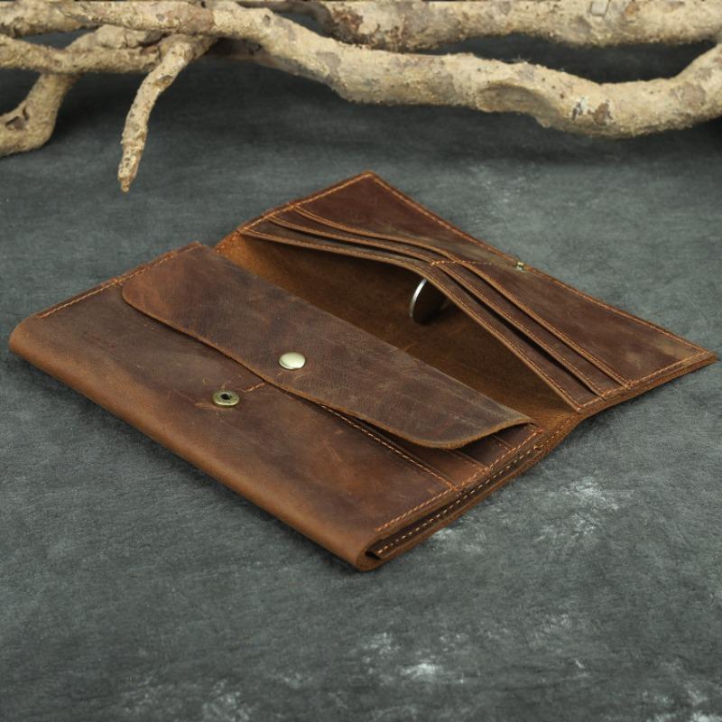 Herren Vintage Crazy Horse Echtes Leder Portemonnaie Lange Dreifach-Kupplungstasche Langlebige Handtasche mit großem Fassungsvermögen für den täglichen Gebrauch und Reisen